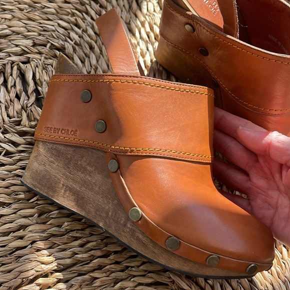 SeeByChloe Tan leather 3” wedge sling back Sz 39 - Picture 5 of 16